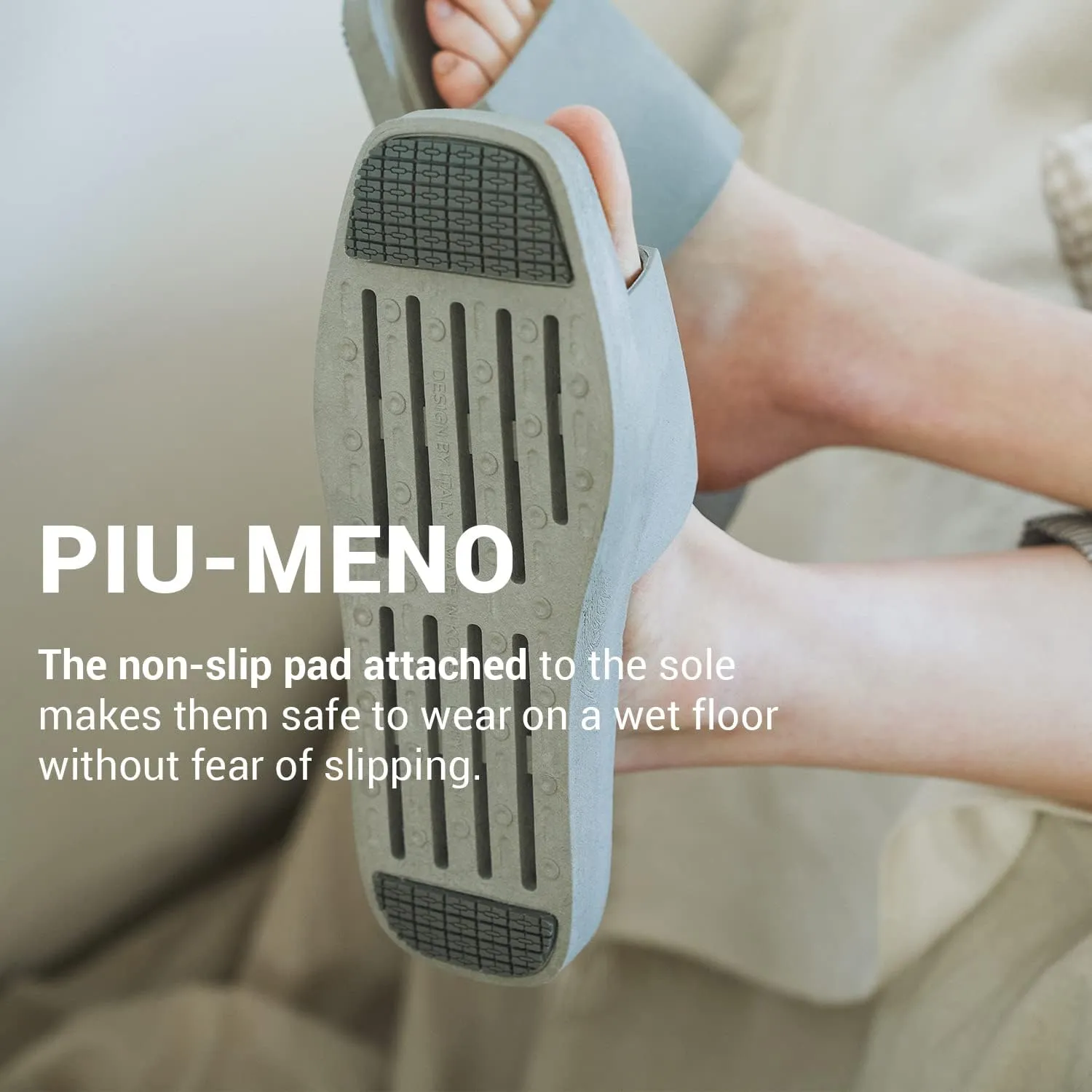 DEARCUS Shower Slippers with Comfortable Anti Slip Pad - Quick Drying Slippers with Drainage Holes – Non Slip Thick Sole Sandals – Open Toe Home Slippers – Piu Meno, Deep Grey