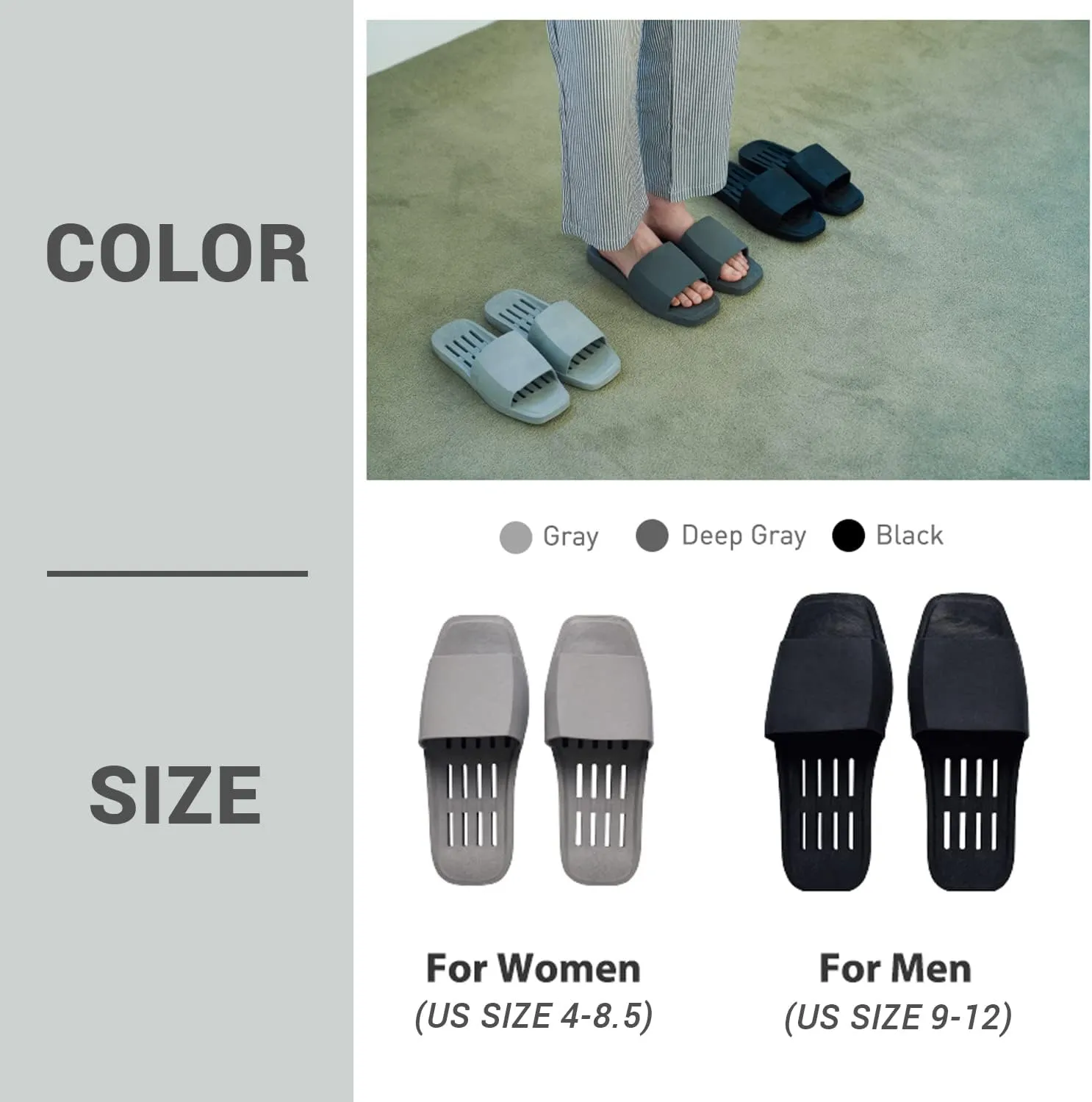 DEARCUS Shower Slippers with Comfortable Anti Slip Pad - Quick Drying Slippers with Drainage Holes – Non Slip Thick Sole Sandals – Open Toe Home Slippers – Piu Meno, Deep Grey