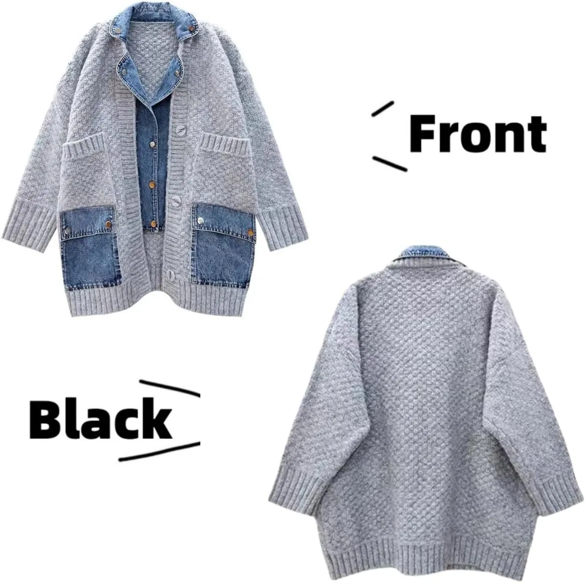 Dearlassie Denim Cardigan,Women Loose Jean Sweater with Pockets,Fall Causal Patchwork Button Down Knit Jacket Outerwear