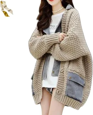 Dearlassie Denim Cardigan,Women Loose Jean Sweater with Pockets,Fall Causal Patchwork Button Down Knit Jacket Outerwear