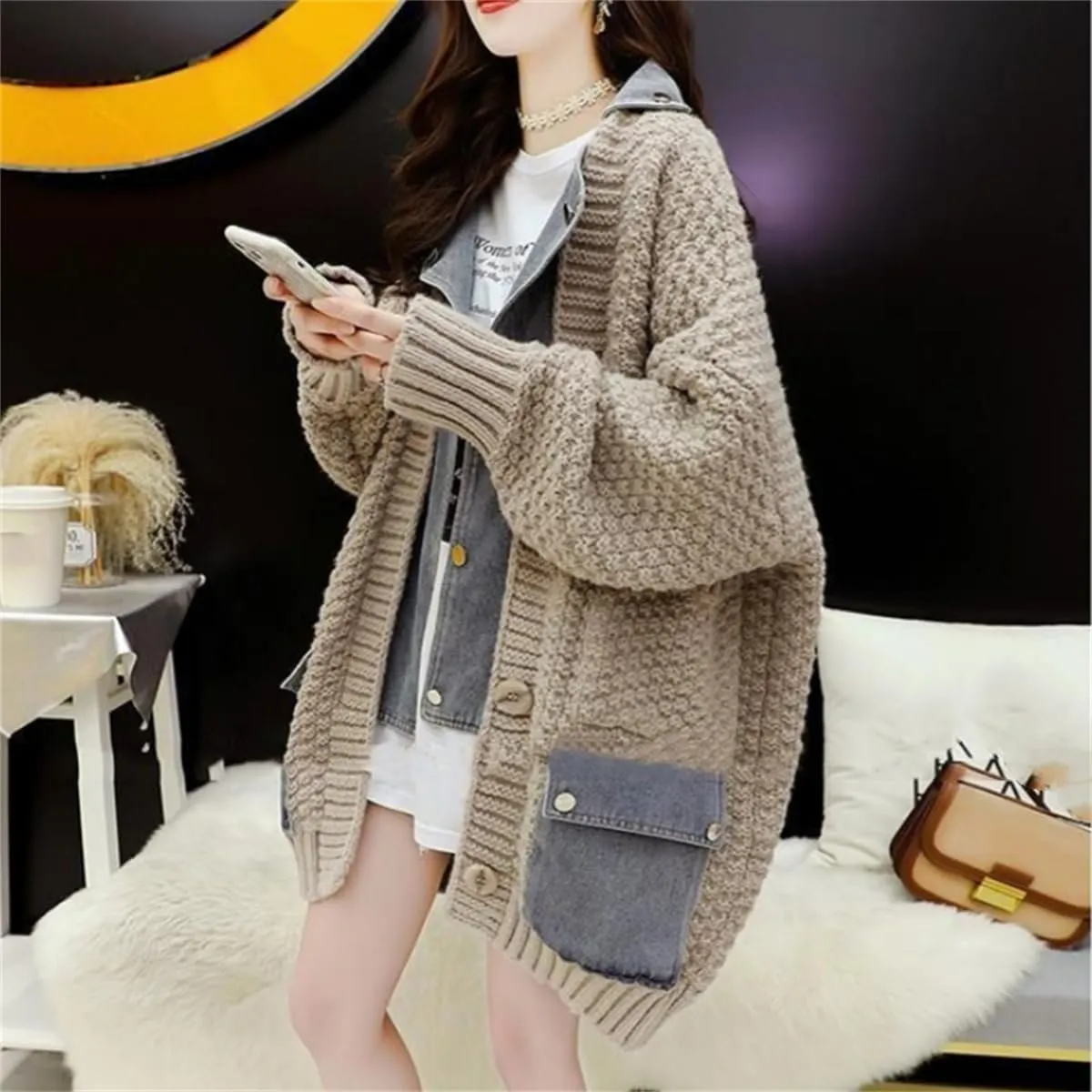 Dearlassie Denim Cardigan,Women Loose Jean Sweater with Pockets,Fall Causal Patchwork Button Down Knit Jacket Outerwear