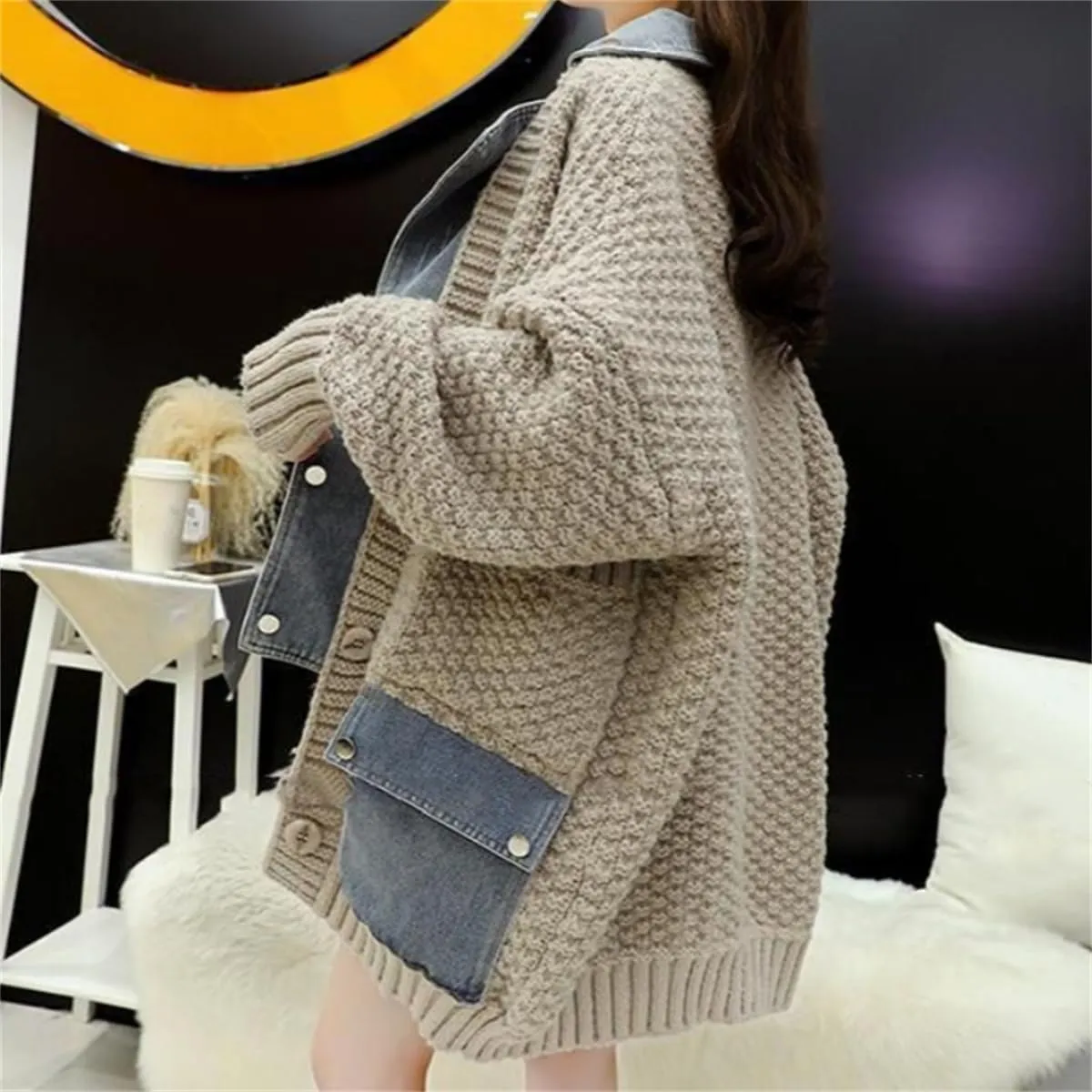 Dearlassie Denim Cardigan,Women Loose Jean Sweater with Pockets,Fall Causal Patchwork Button Down Knit Jacket Outerwear