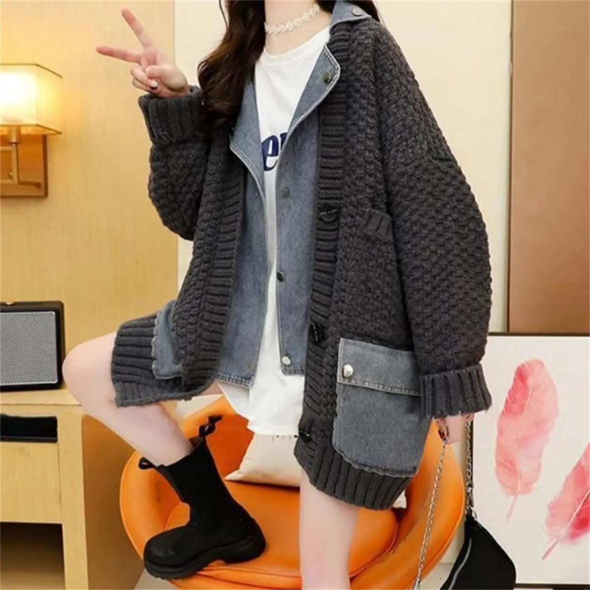 Dearlassie Denim Cardigan,Women Loose Jean Sweater with Pockets,Fall Causal Patchwork Button Down Knit Jacket Outerwear