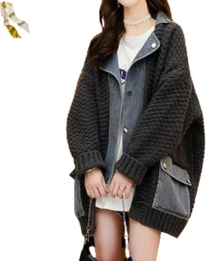 Dearlassie Denim Cardigan,Women Loose Jean Sweater with Pockets,Fall Causal Patchwork Button Down Knit Jacket Outerwear