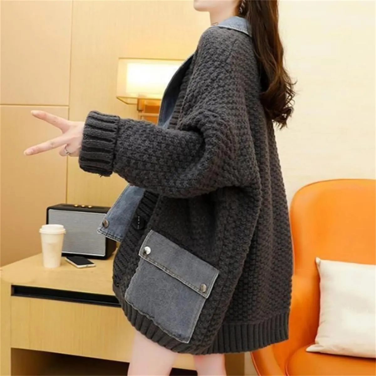 Dearlassie Denim Cardigan,Women Loose Jean Sweater with Pockets,Fall Causal Patchwork Button Down Knit Jacket Outerwear