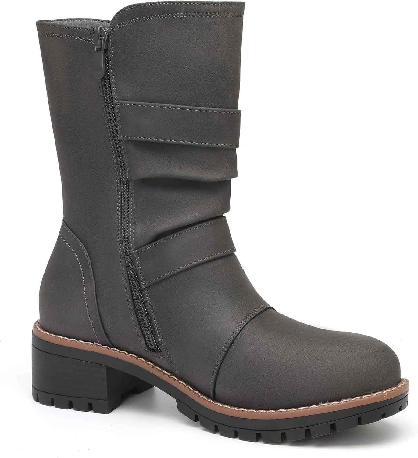 DECARSDZ Women's Motorcycle Boots Mid Calf PU Leather Biker Boots - Stylish Women's Black Brown Riding Boots for Motorcycle, Combat, and Festival