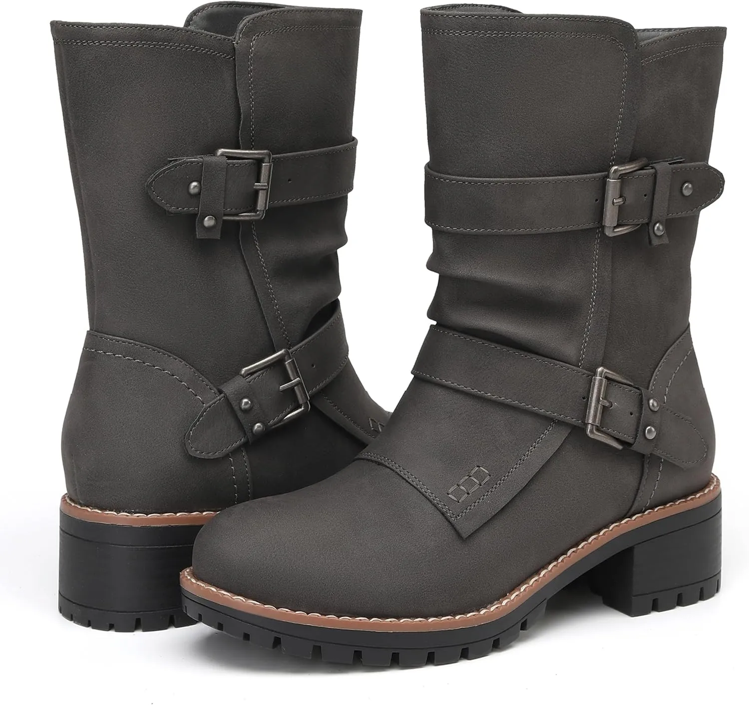 DECARSDZ Women's Motorcycle Boots Mid Calf PU Leather Biker Boots - Stylish Women's Black Brown Riding Boots for Motorcycle, Combat, and Festival