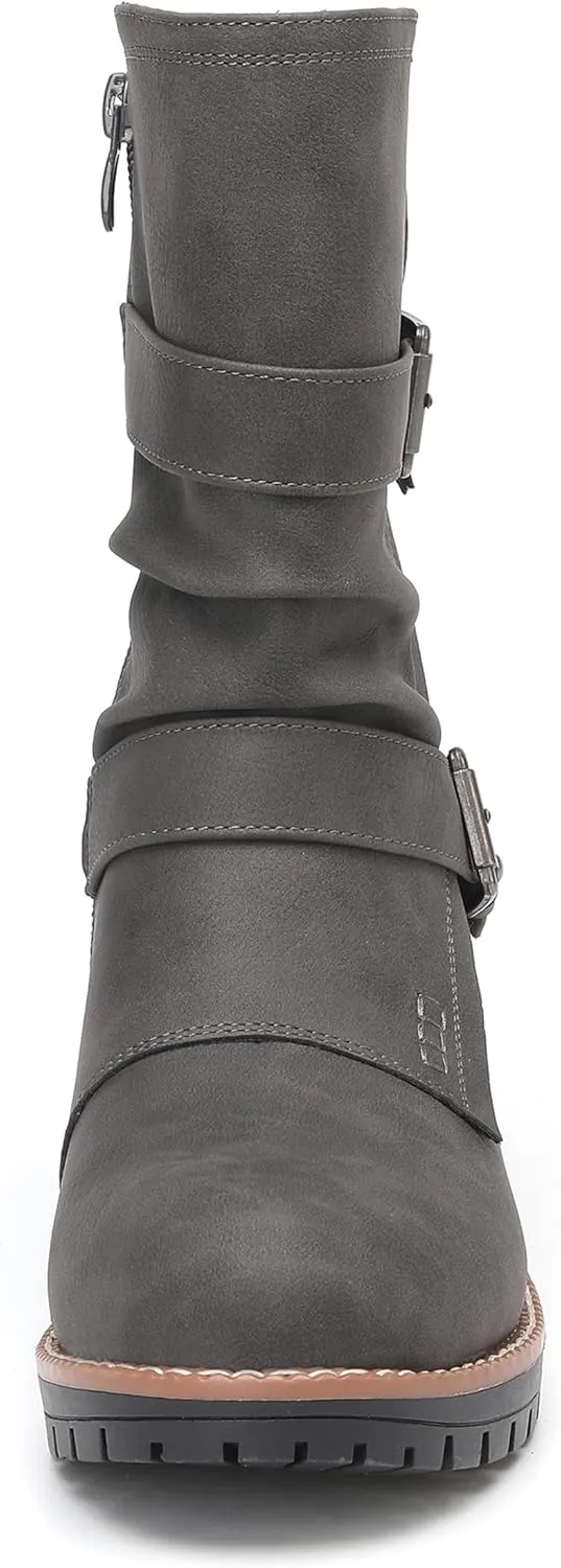 DECARSDZ Women's Motorcycle Boots Mid Calf PU Leather Biker Boots - Stylish Women's Black Brown Riding Boots for Motorcycle, Combat, and Festival
