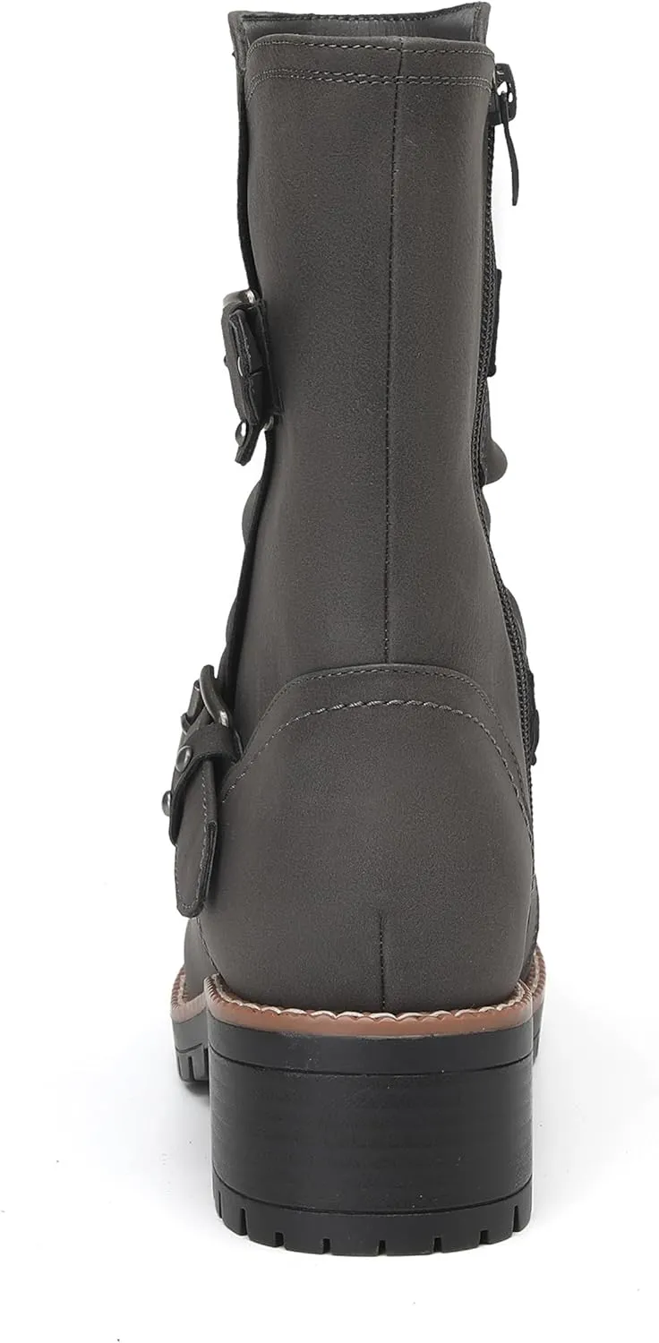 DECARSDZ Women's Motorcycle Boots Mid Calf PU Leather Biker Boots - Stylish Women's Black Brown Riding Boots for Motorcycle, Combat, and Festival