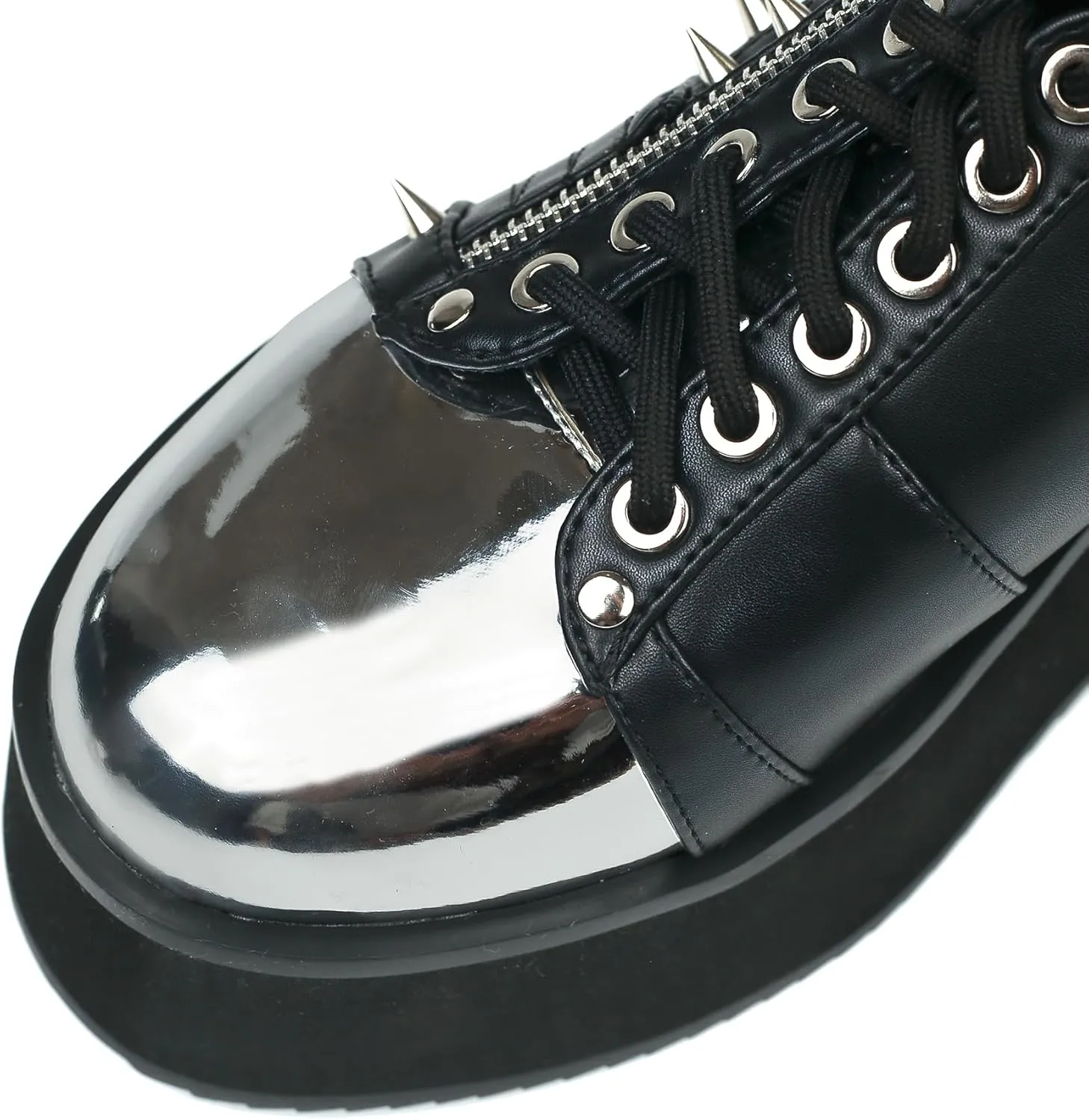 DETOGNI Women's Silver Studs Chrome Plated Toe Cap Platform Wedges Shoes Lace Up Ornamental Metal Lightening Bolt Zippers Boots