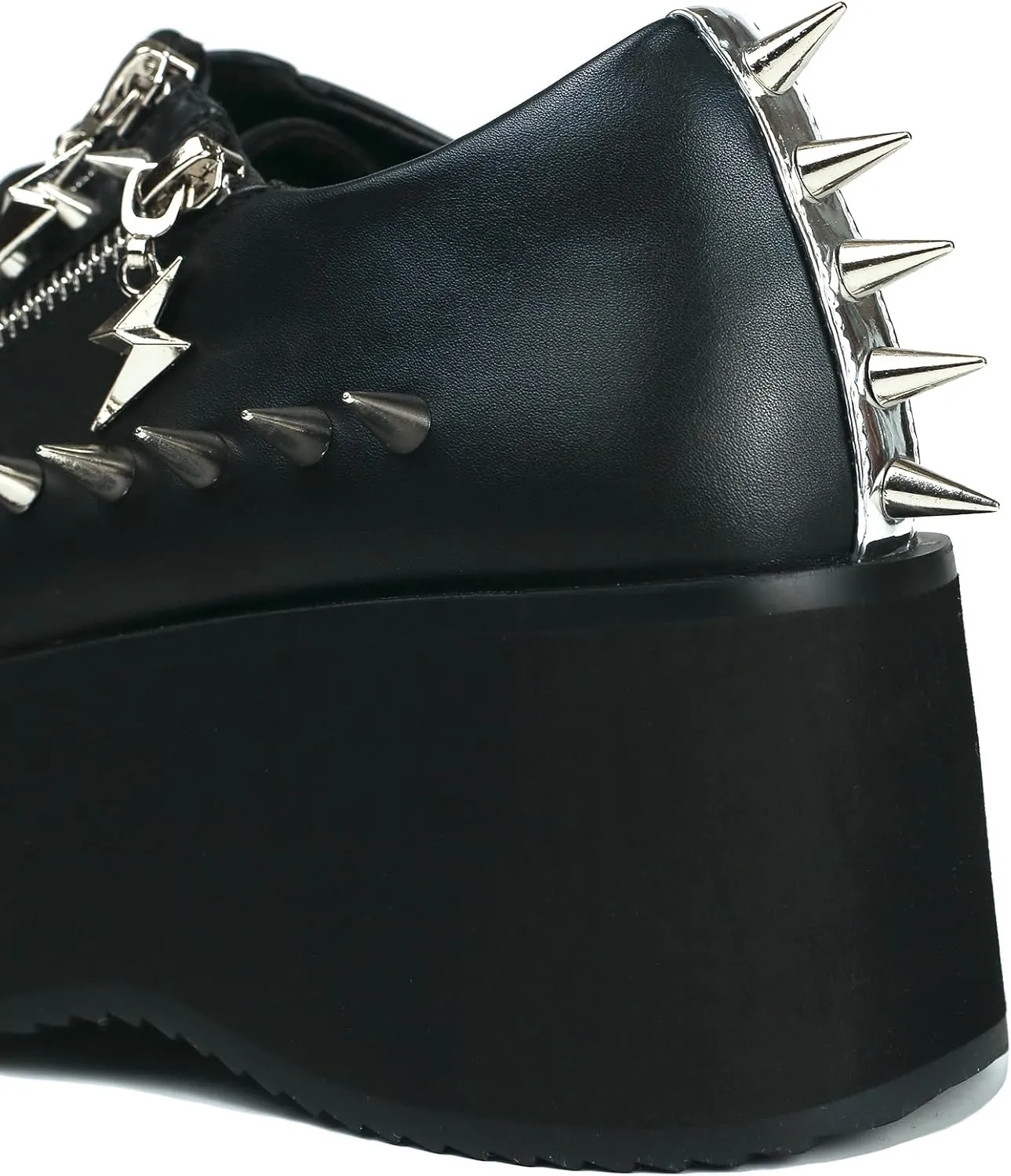 DETOGNI Women's Silver Studs Chrome Plated Toe Cap Platform Wedges Shoes Lace Up Ornamental Metal Lightening Bolt Zippers Boots