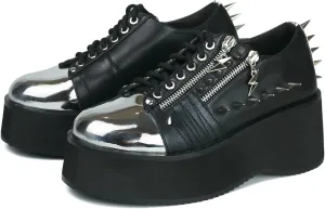 DETOGNI Women's Silver Studs Chrome Plated Toe Cap Platform Wedges Shoes Lace Up Ornamental Metal Lightening Bolt Zippers Boots