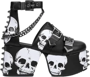 DETOGNI Women's Skull Design Silver Spiked Studs Chunky Platform Black Wedges Shoes Punk Gothic Hanging Chains Adjustable Strap With Buckles And Eyelets Block Heel Boots