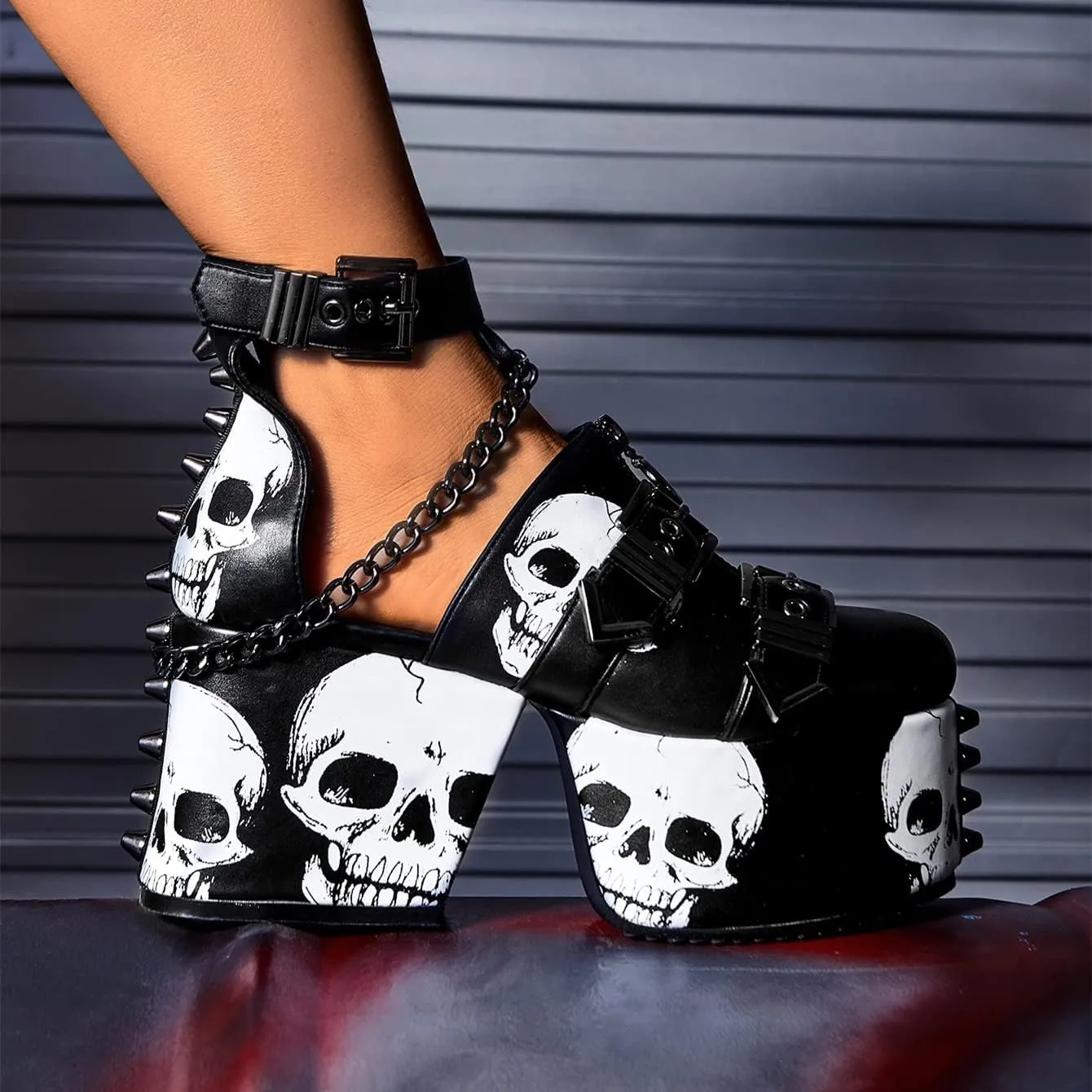 DETOGNI Women's Skull Design Silver Spiked Studs Chunky Platform Black Wedges Shoes Punk Gothic Hanging Chains Adjustable Strap With Buckles And Eyelets Block Heel Boots