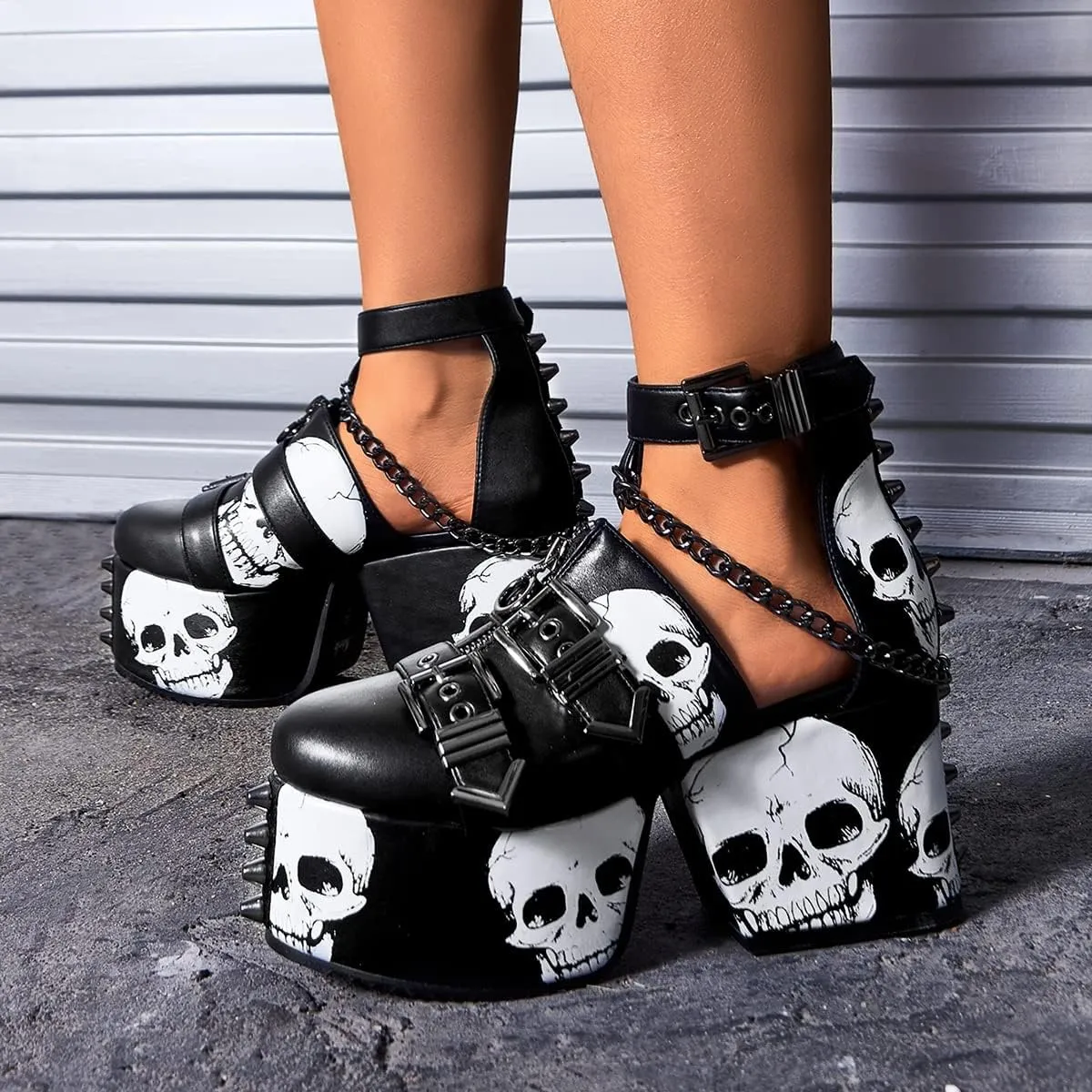 DETOGNI Women's Skull Design Silver Spiked Studs Chunky Platform Black Wedges Shoes Punk Gothic Hanging Chains Adjustable Strap With Buckles And Eyelets Block Heel Boots