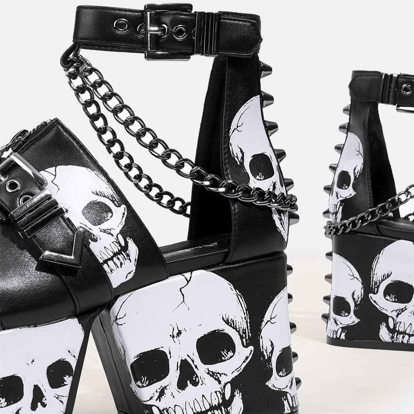 DETOGNI Women's Skull Design Silver Spiked Studs Chunky Platform Black Wedges Shoes Punk Gothic Hanging Chains Adjustable Strap With Buckles And Eyelets Block Heel Boots