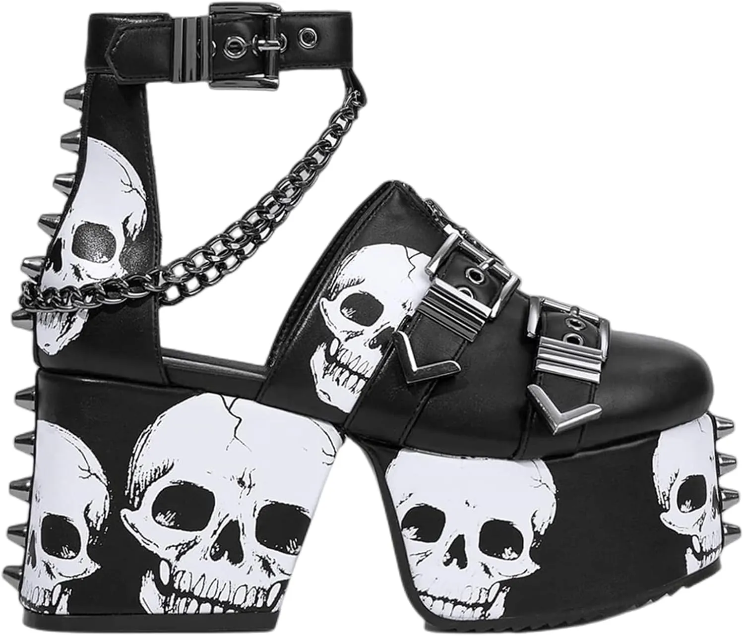 DETOGNI Women's Skull Design Silver Spiked Studs Chunky Platform Black Wedges Shoes Punk Gothic Hanging Chains Adjustable Strap With Buckles And Eyelets Block Heel Boots