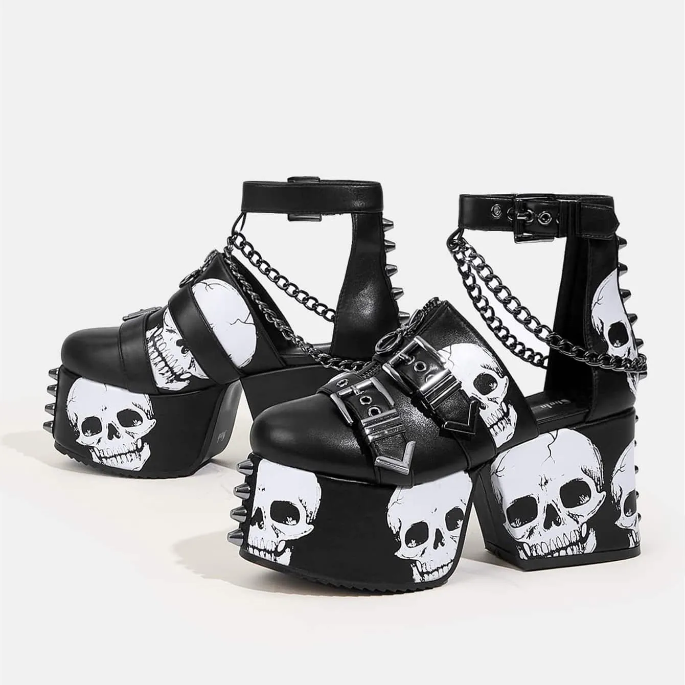 DETOGNI Women's Skull Design Silver Spiked Studs Chunky Platform Black Wedges Shoes Punk Gothic Hanging Chains Adjustable Strap With Buckles And Eyelets Block Heel Boots