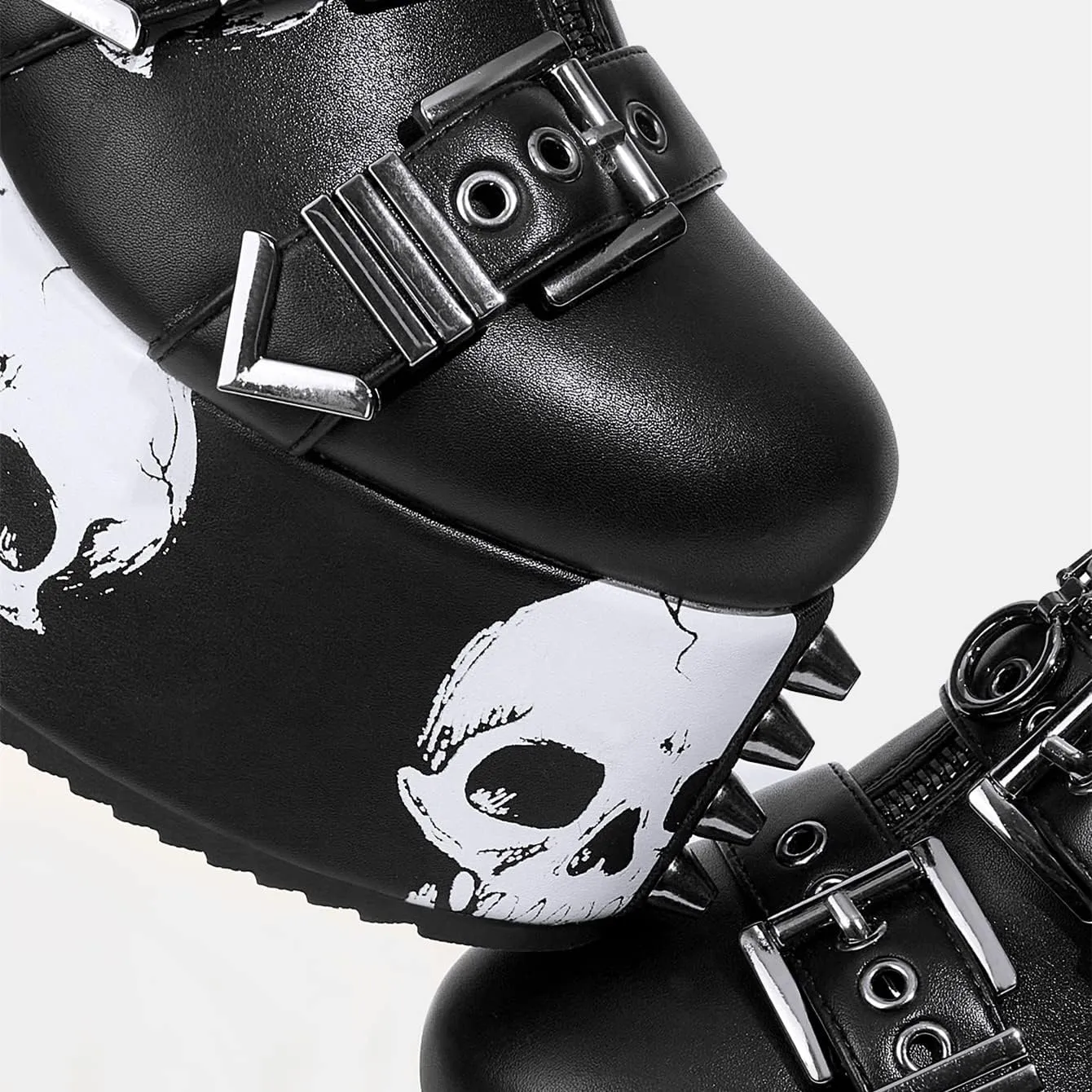 DETOGNI Women's Skull Design Silver Spiked Studs Chunky Platform Black Wedges Shoes Punk Gothic Hanging Chains Adjustable Strap With Buckles And Eyelets Block Heel Boots