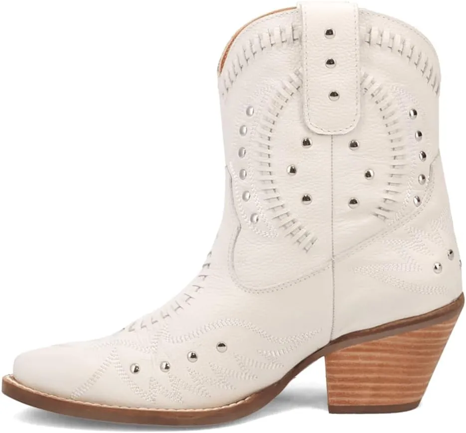 Dingo Womens Precious Embroidered Studded Snip Toe Casual Boots Ankle Mid Heel 2-3" - Off White