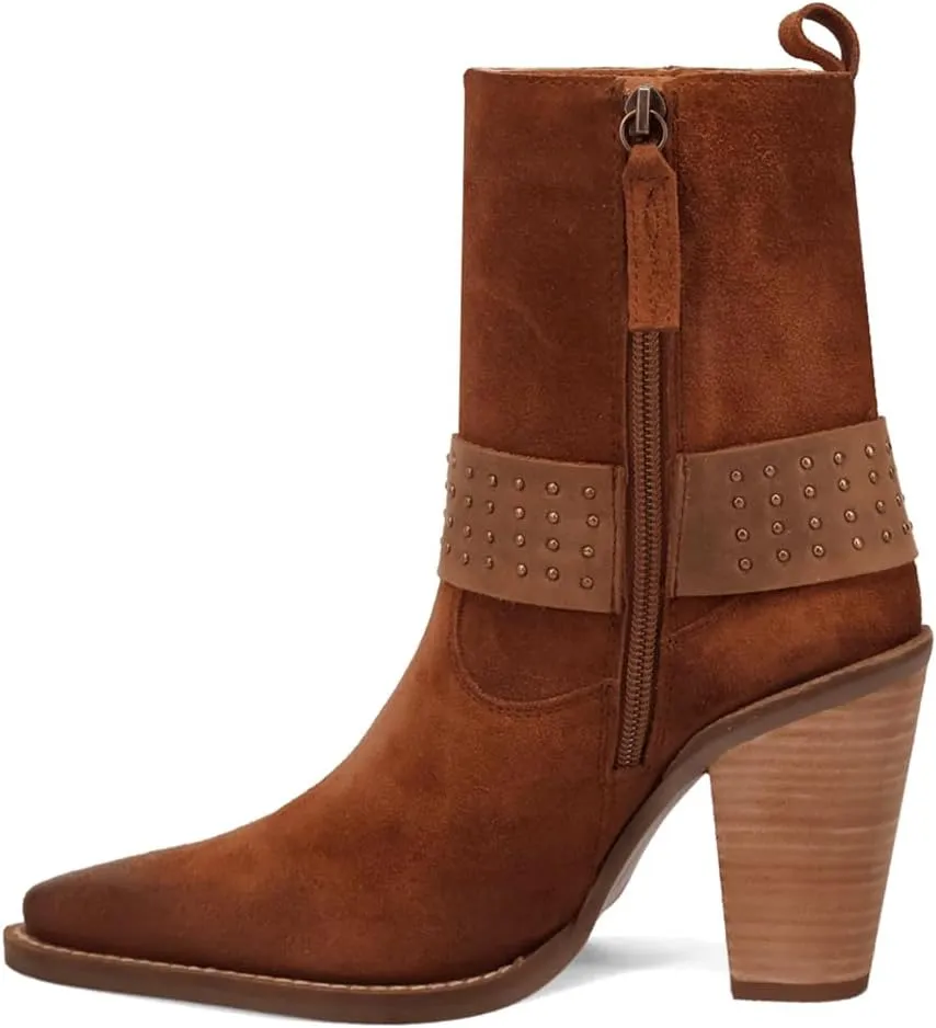 Dingo Womens Songbird Studded Snip Toe Zippered Casual Boots Ankle High Heel 3" & Up - Brown