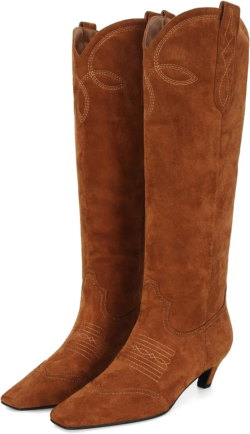DOEYG Suede Cowboy Knee High Boots for Women Pointed Toe Cowgirl Boots Kitten Heels Western Boots Pull on Wide Calf Tall Boots Fashion Dressy Comfortable Long Boots