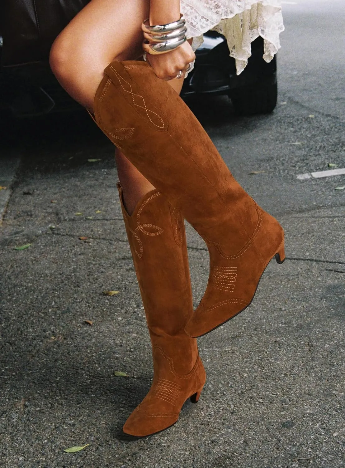 DOEYG Suede Cowboy Knee High Boots for Women Pointed Toe Cowgirl Boots Kitten Heels Western Boots Pull on Wide Calf Tall Boots Fashion Dressy Comfortable Long Boots