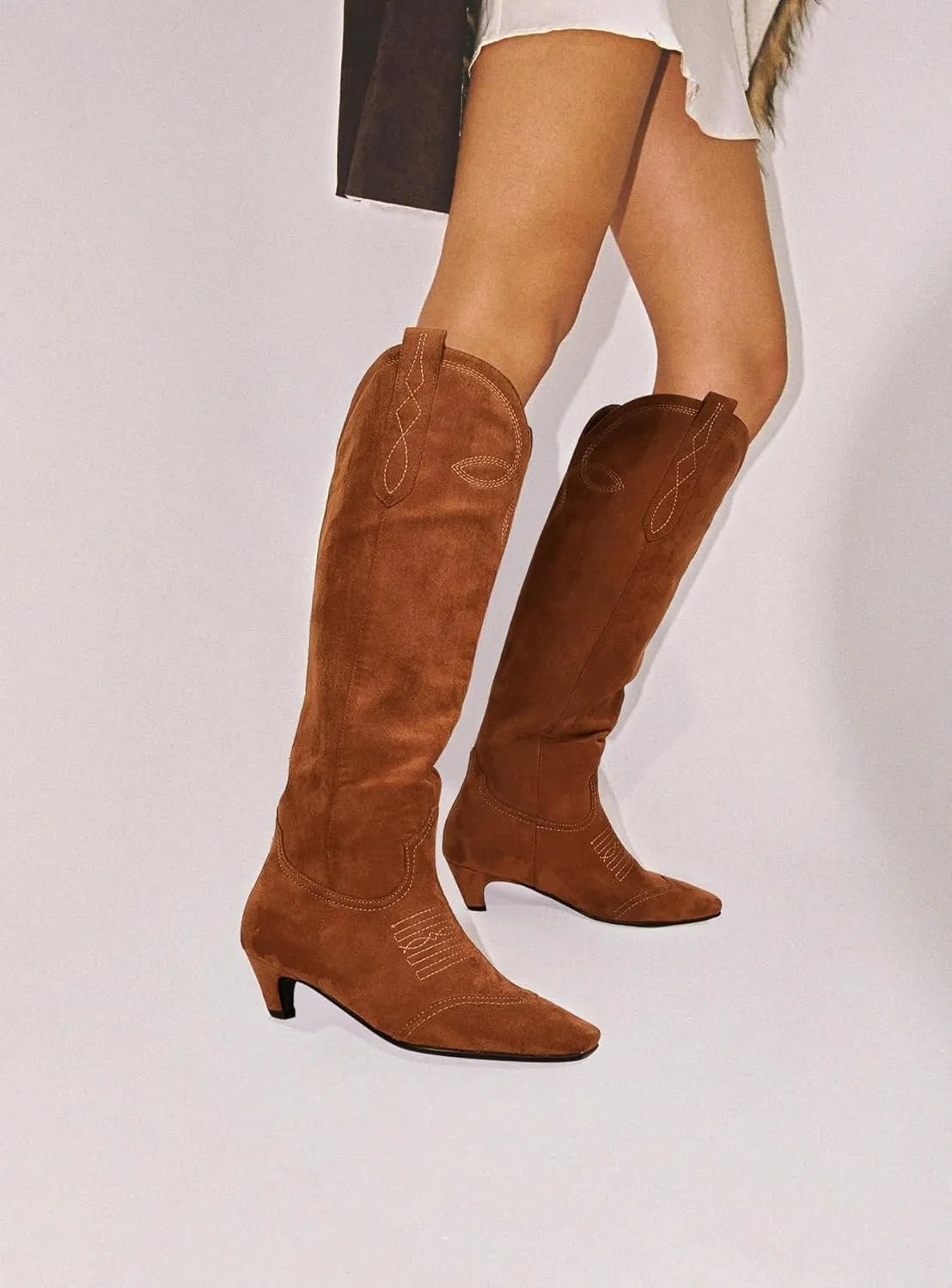 DOEYG Suede Cowboy Knee High Boots for Women Pointed Toe Cowgirl Boots Kitten Heels Western Boots Pull on Wide Calf Tall Boots Fashion Dressy Comfortable Long Boots
