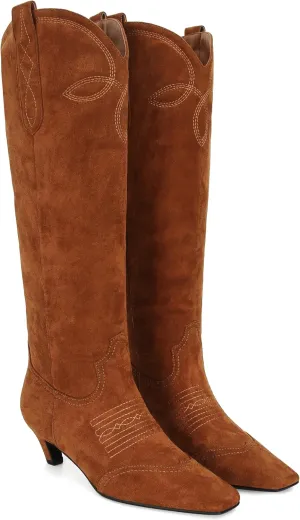 DOEYG Suede Cowboy Knee High Boots for Women Pointed Toe Cowgirl Boots Kitten Heels Western Boots Pull on Wide Calf Tall Boots Fashion Dressy Comfortable Long Boots