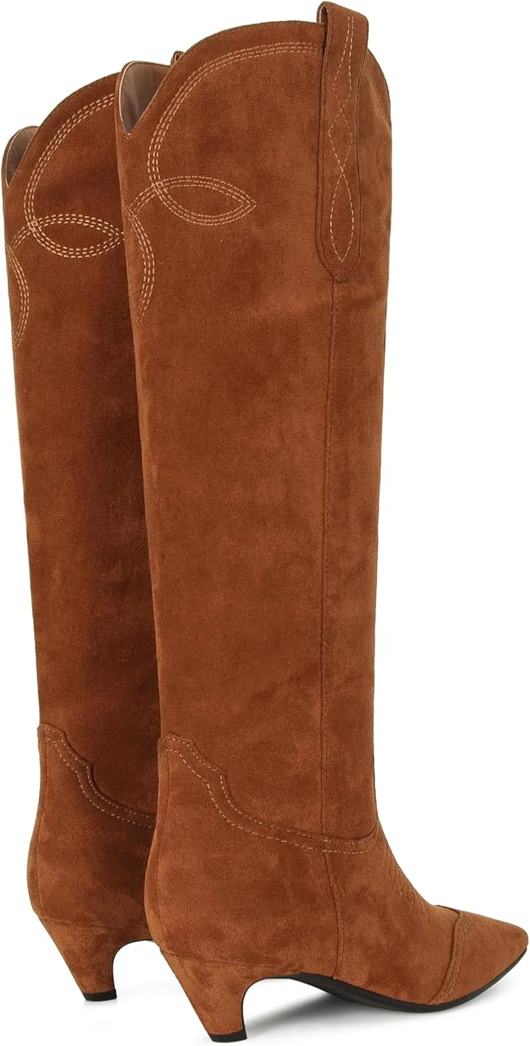 DOEYG Suede Cowboy Knee High Boots for Women Pointed Toe Cowgirl Boots Kitten Heels Western Boots Pull on Wide Calf Tall Boots Fashion Dressy Comfortable Long Boots