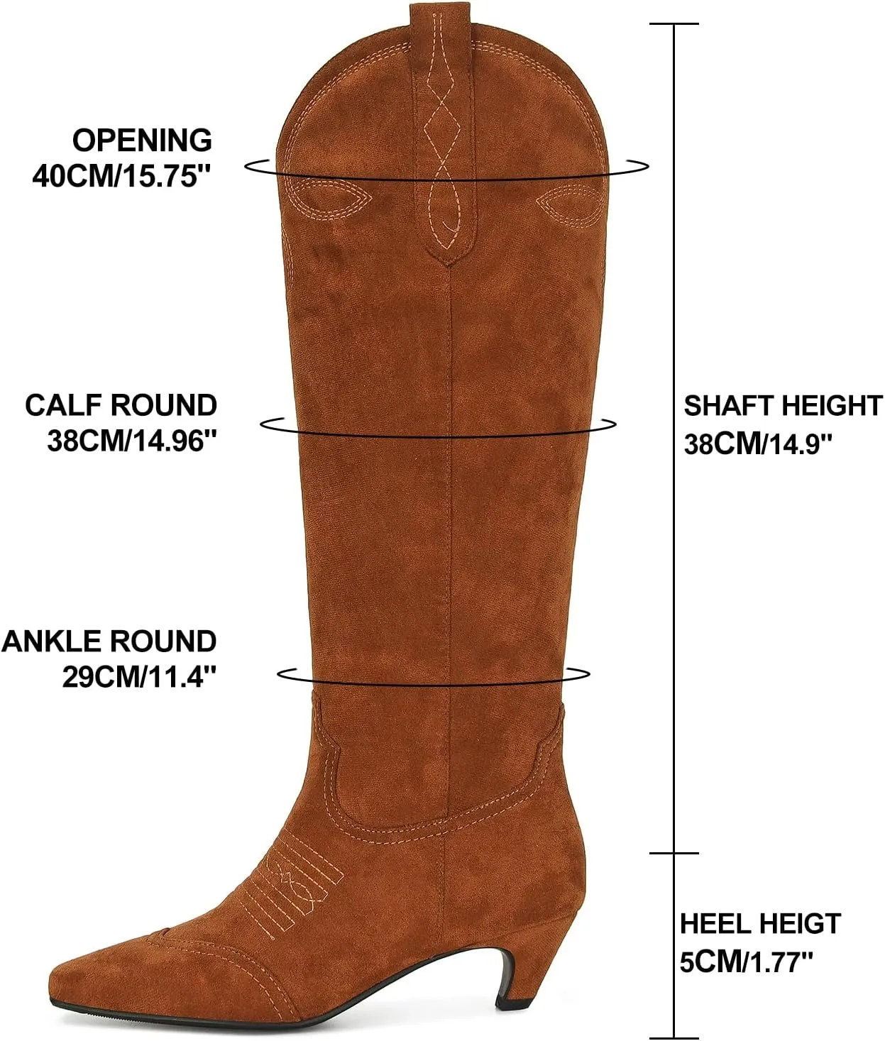 DOEYG Suede Cowboy Knee High Boots for Women Pointed Toe Cowgirl Boots Kitten Heels Western Boots Pull on Wide Calf Tall Boots Fashion Dressy Comfortable Long Boots