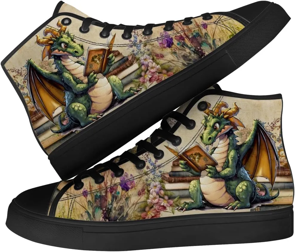 Dragon Reading Book High Top Canvas Shoes for Men Women Dragon High Top Sneakers Lace Up Casual Shoes Gifts for Boys Girls