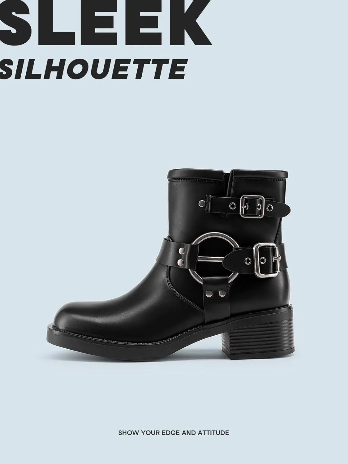 DREAM PAIRS Women's Ankle Boots Fashion Buckles Square Toe Motorcycle Riding Biker Boots Low Chunky Heel Fall Booties Shoes