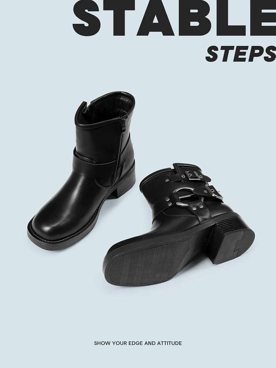 DREAM PAIRS Women's Ankle Boots Fashion Buckles Square Toe Motorcycle Riding Biker Boots Low Chunky Heel Fall Booties Shoes