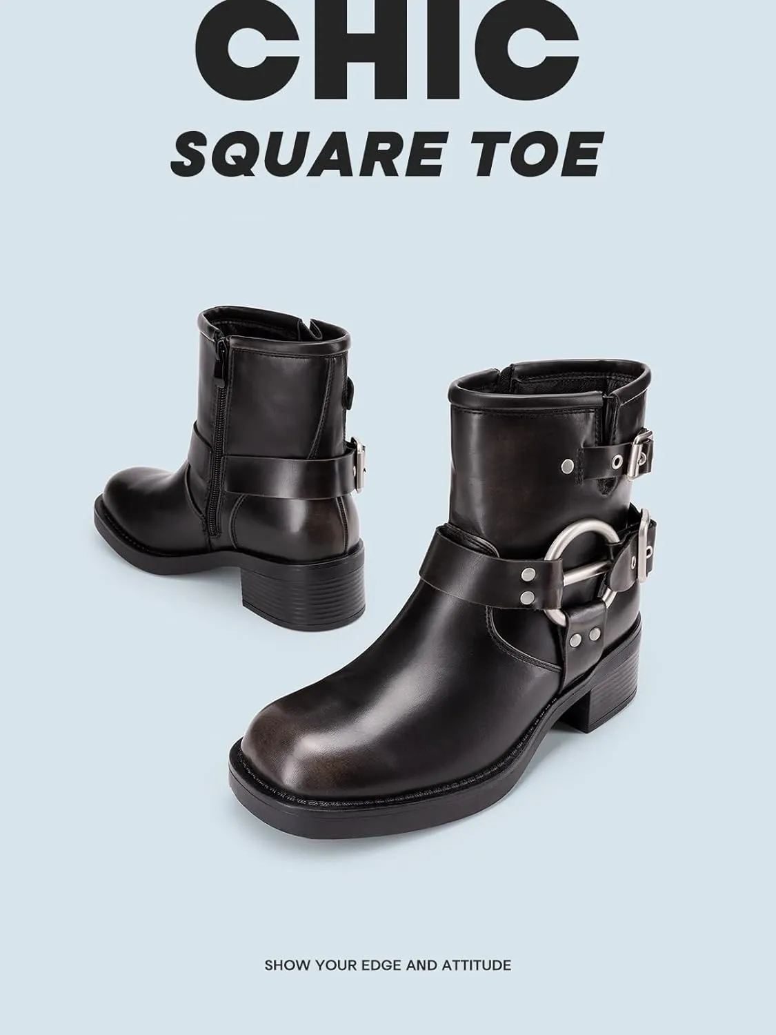 DREAM PAIRS Women's Ankle Boots Fashion Buckles Square Toe Motorcycle Riding Biker Boots Low Chunky Heel Fall Booties Shoes