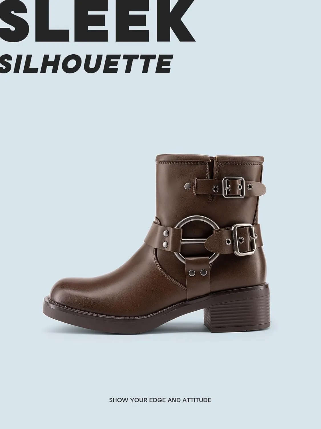 DREAM PAIRS Women's Ankle Boots Fashion Buckles Square Toe Motorcycle Riding Biker Boots Low Chunky Heel Fall Booties Shoes