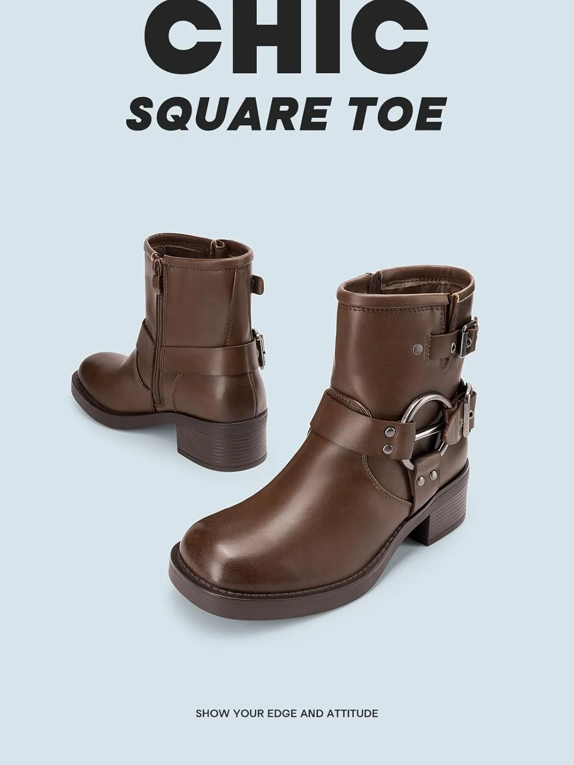 DREAM PAIRS Women's Ankle Boots Fashion Buckles Square Toe Motorcycle Riding Biker Boots Low Chunky Heel Fall Booties Shoes
