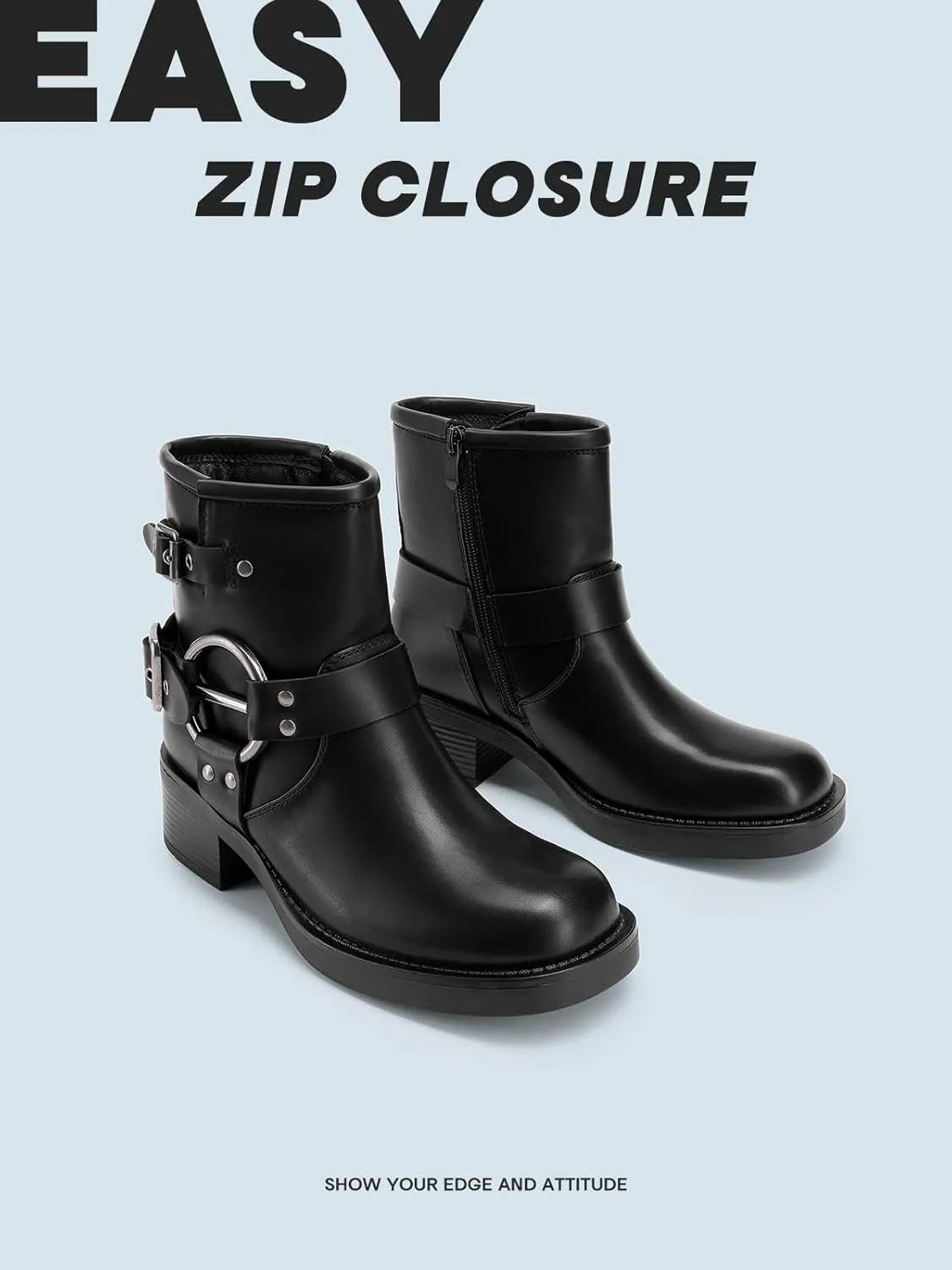DREAM PAIRS Women's Ankle Boots Fashion Buckles Square Toe Motorcycle Riding Biker Boots Low Chunky Heel Fall Booties Shoes