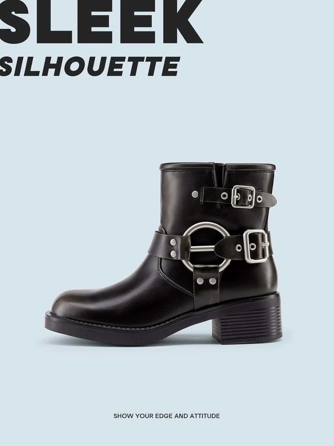 DREAM PAIRS Women's Ankle Boots Fashion Buckles Square Toe Motorcycle Riding Biker Boots Low Chunky Heel Fall Booties Shoes