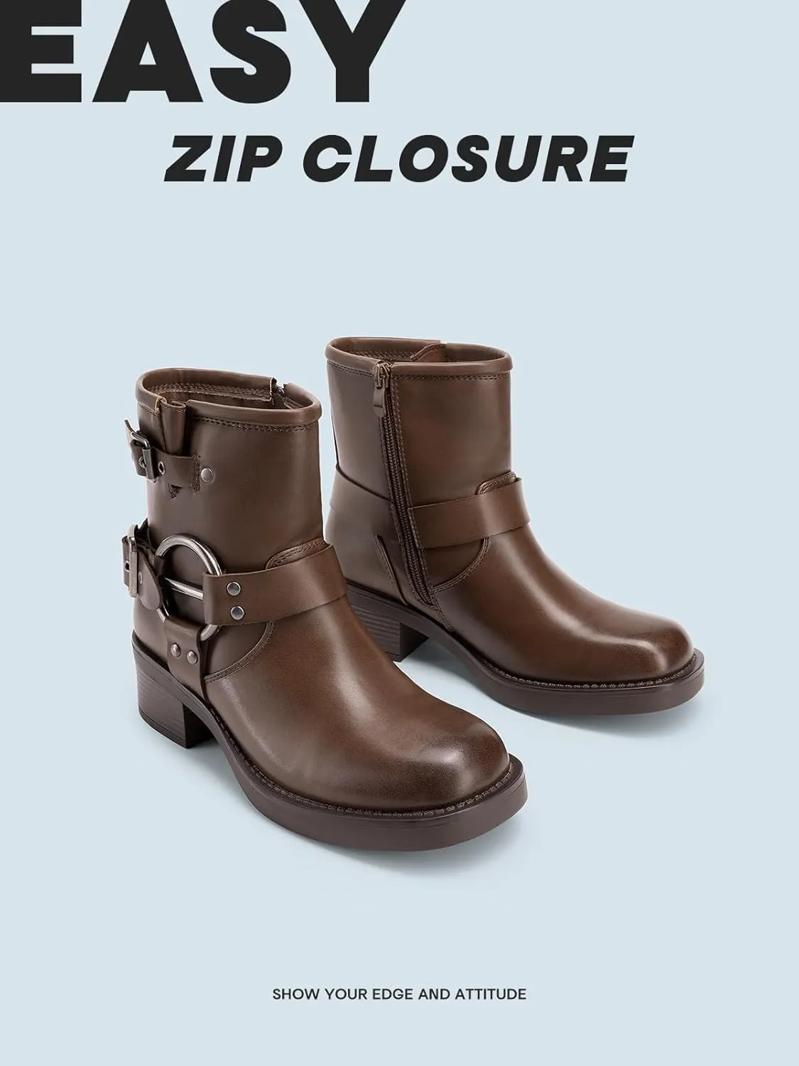 DREAM PAIRS Women's Ankle Boots Fashion Buckles Square Toe Motorcycle Riding Biker Boots Low Chunky Heel Fall Booties Shoes