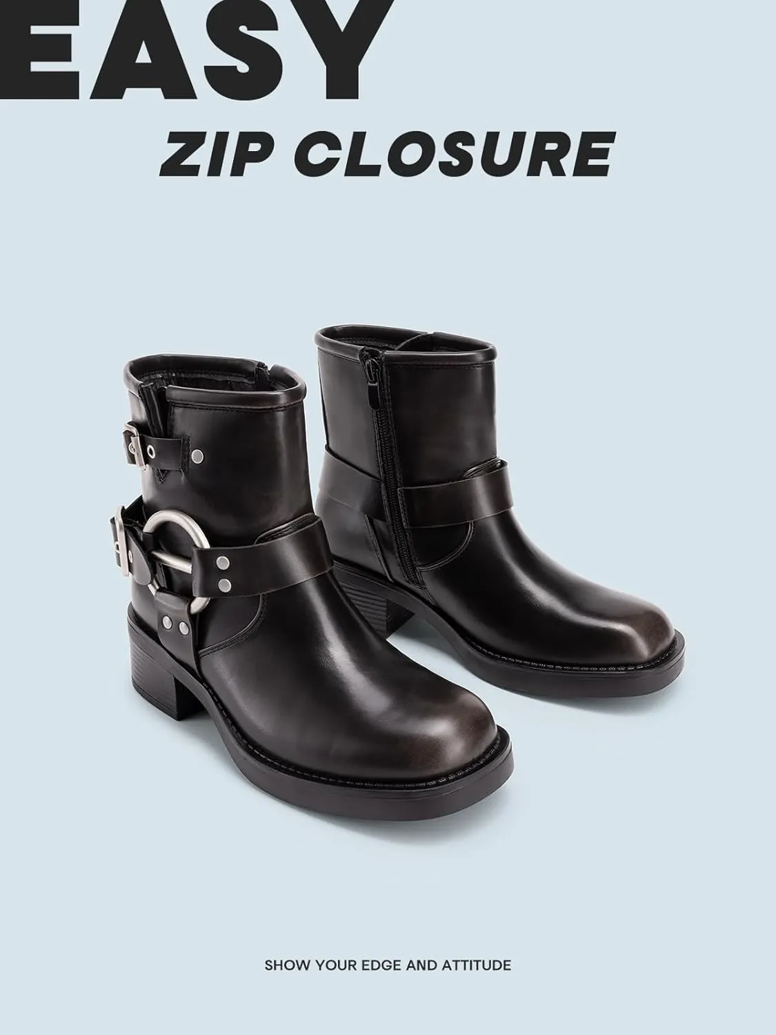 DREAM PAIRS Women's Ankle Boots Fashion Buckles Square Toe Motorcycle Riding Biker Boots Low Chunky Heel Fall Booties Shoes