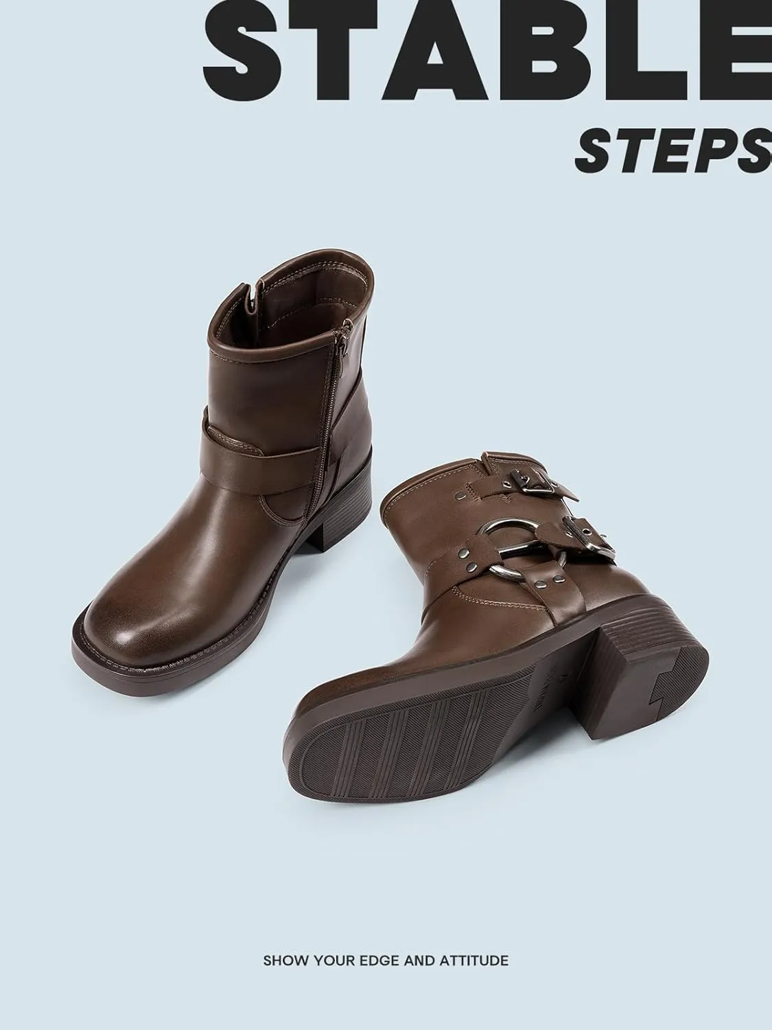 DREAM PAIRS Women's Ankle Boots Fashion Buckles Square Toe Motorcycle Riding Biker Boots Low Chunky Heel Fall Booties Shoes