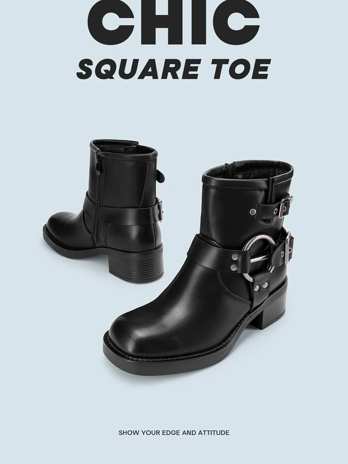 DREAM PAIRS Women's Ankle Boots Fashion Buckles Square Toe Motorcycle Riding Biker Boots Low Chunky Heel Fall Booties Shoes