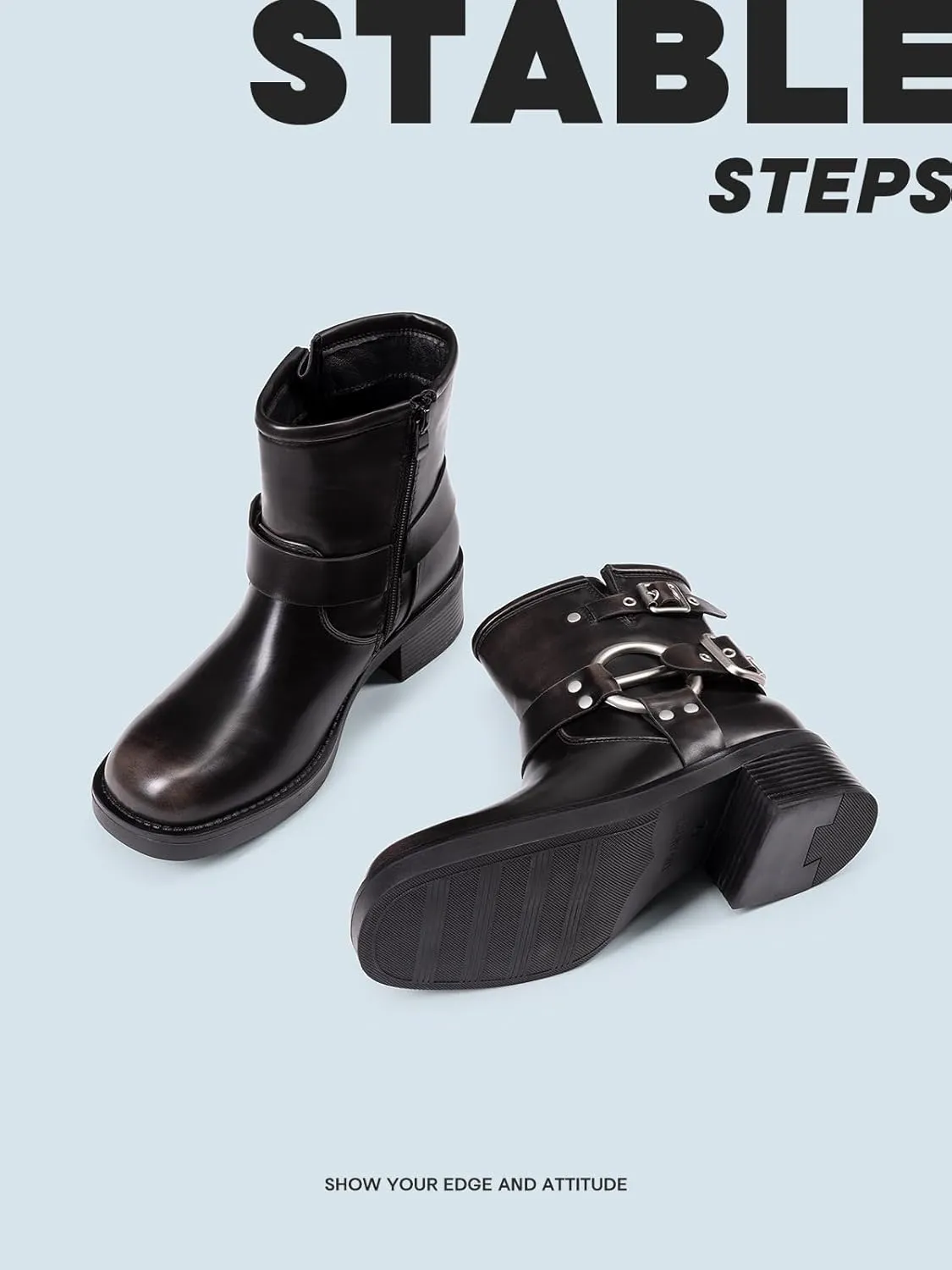 DREAM PAIRS Women's Ankle Boots Fashion Buckles Square Toe Motorcycle Riding Biker Boots Low Chunky Heel Fall Booties Shoes