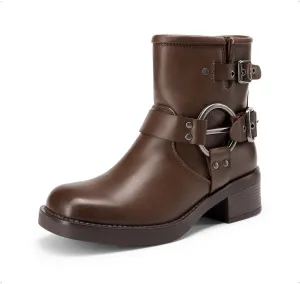 DREAM PAIRS Women's Ankle Boots Fashion Buckles Square Toe Motorcycle Riding Biker Boots Low Chunky Heel Fall Booties Shoes
