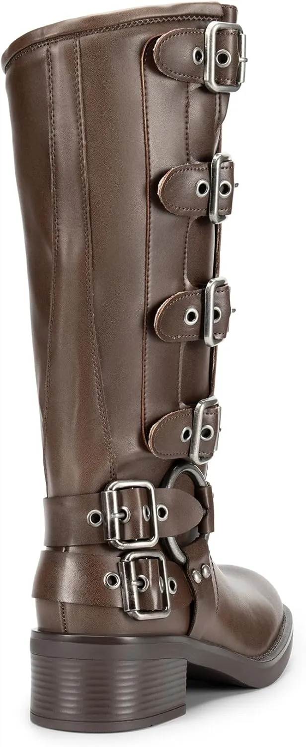 DREAM PAIRS Women's Knee High Riding Boots Slip On Motorcycle Boots Square Toe Chunky Heel Fashion Buckles Biker Boots