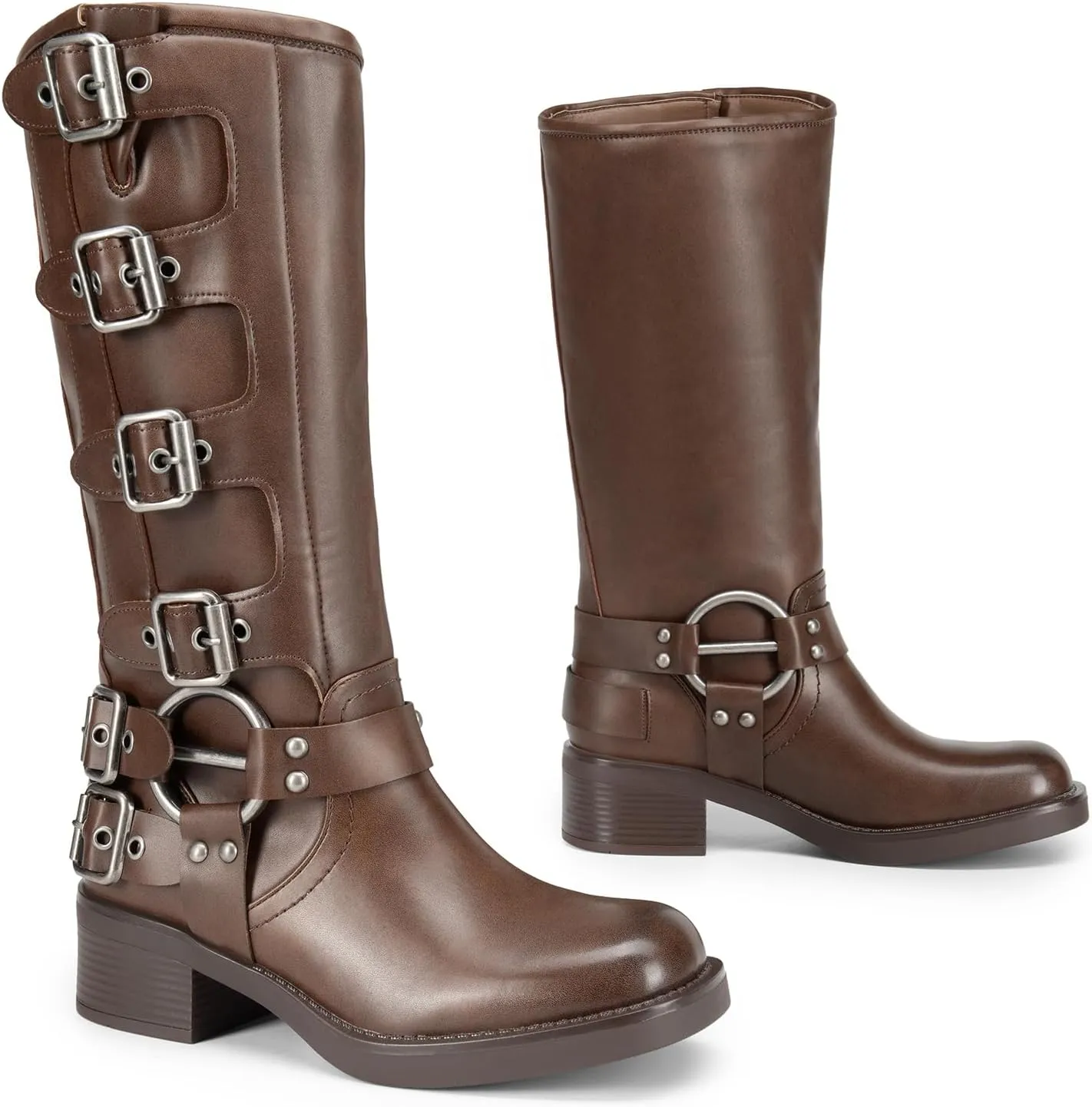 DREAM PAIRS Women's Knee High Riding Boots Slip On Motorcycle Boots Square Toe Chunky Heel Fashion Buckles Biker Boots