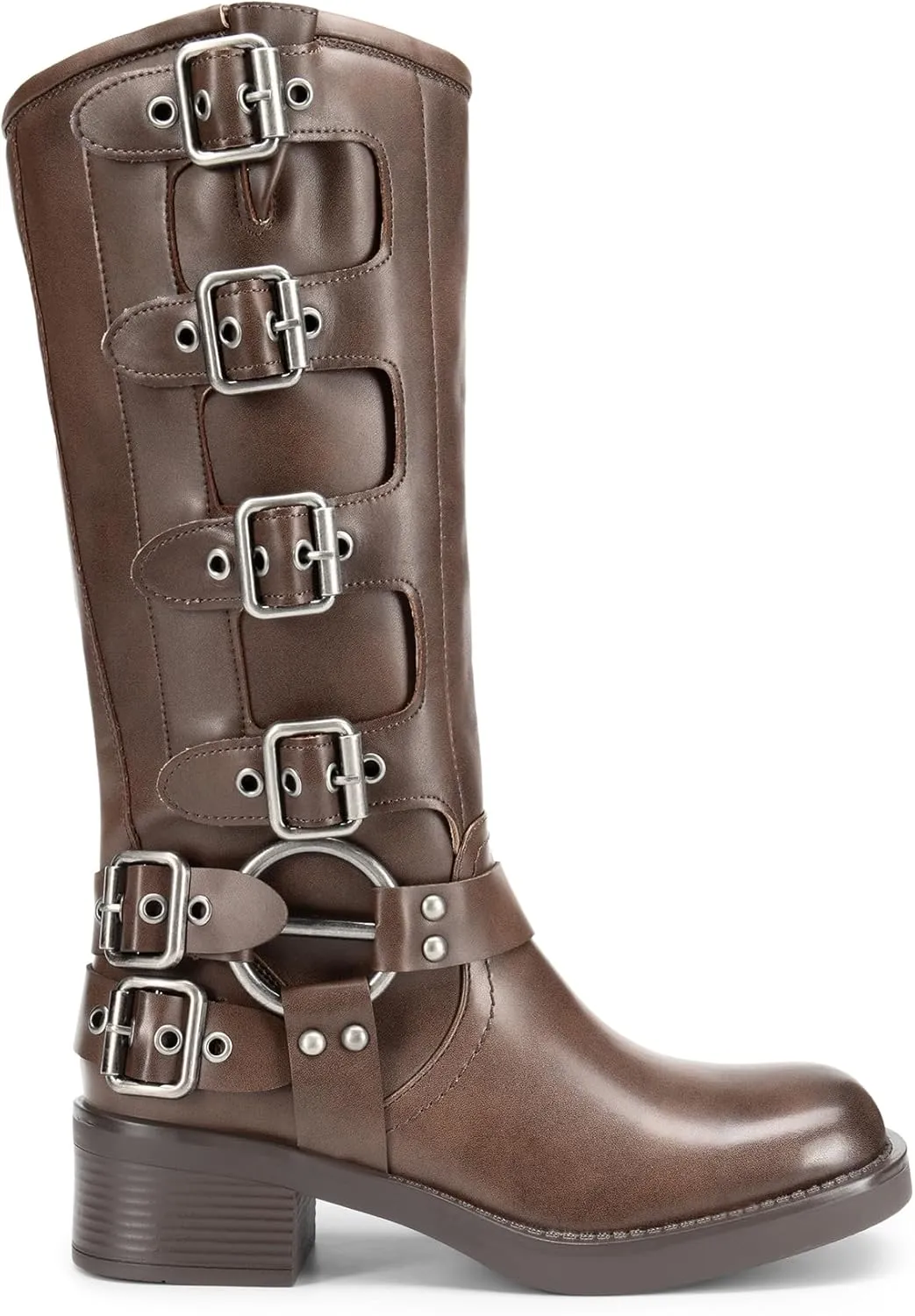 DREAM PAIRS Women's Knee High Riding Boots Slip On Motorcycle Boots Square Toe Chunky Heel Fashion Buckles Biker Boots