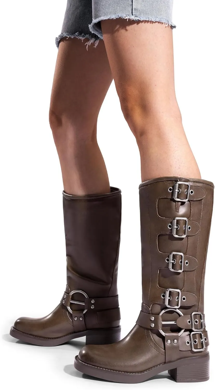 DREAM PAIRS Women's Knee High Riding Boots Slip On Motorcycle Boots Square Toe Chunky Heel Fashion Buckles Biker Boots