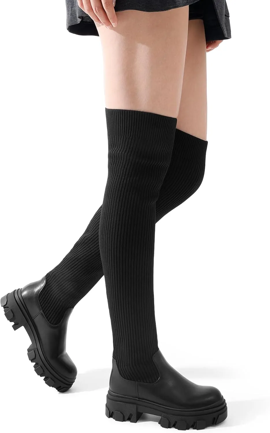 DREAM PAIRS Women's Over The Knee Platform Thigh High Boots Long Stretch Soft Chunky Lug Sole Fall Boots